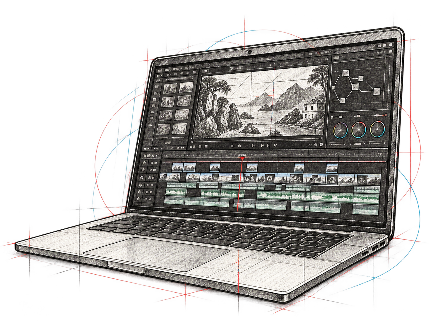 Handgezeichnete Illustration eines Editing-Laptops